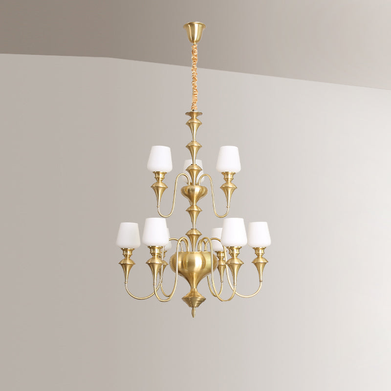 Abrahamson Shaded Tiered Chandelier – Angular Brass & White Glass Multi-Tier Chandelier