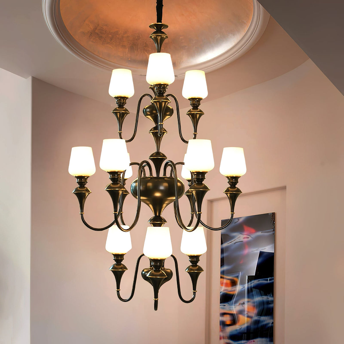 Abrahamson Shaded Tiered Chandelier – Angular Brass & White Glass Multi-Tier Chandelier