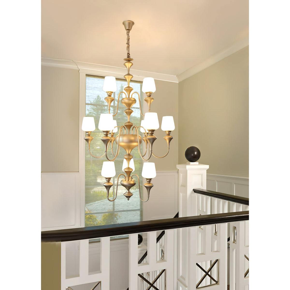 Abrahamson Shaded Tiered Chandelier – Angular Brass & White Glass Multi-Tier Chandelier