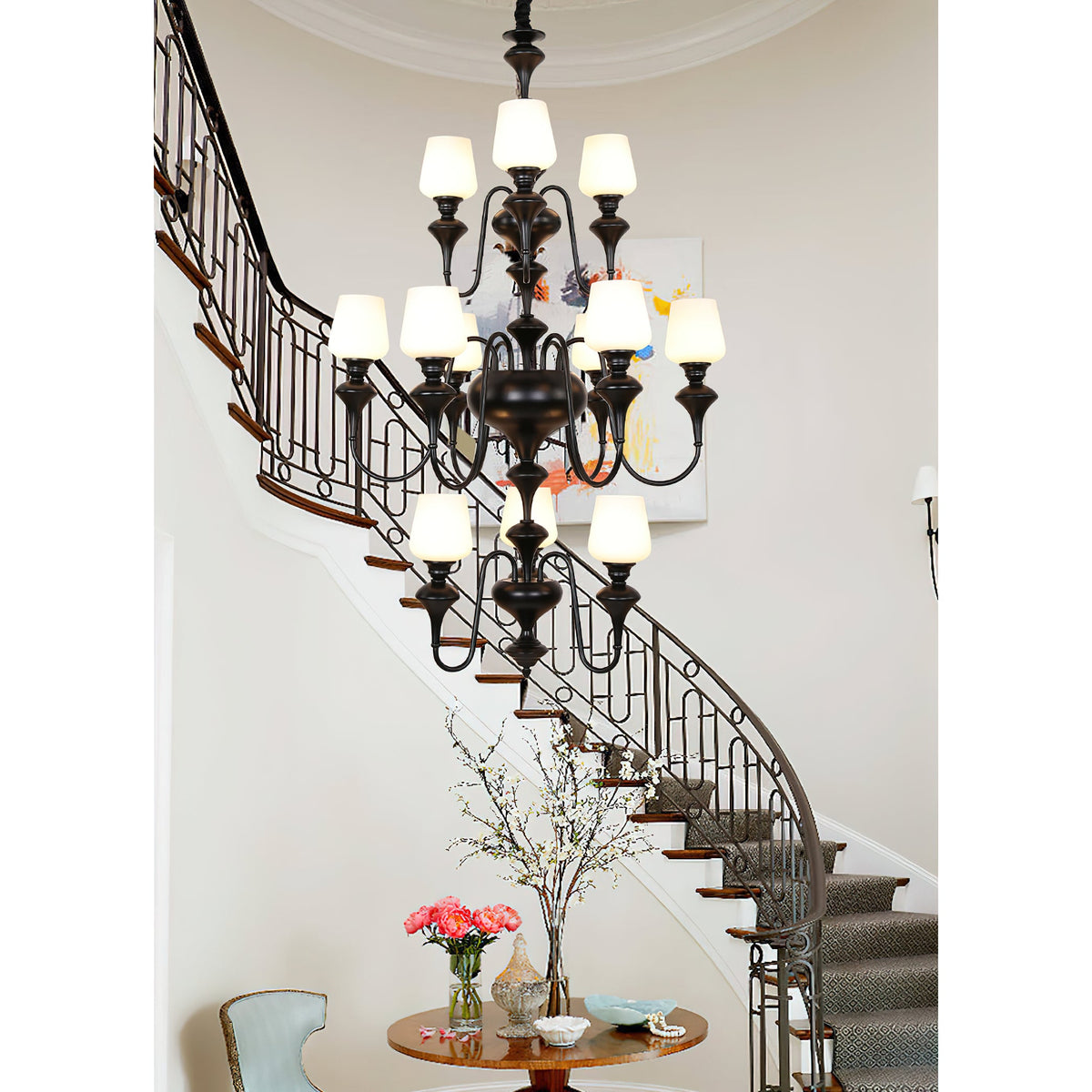 Abrahamson Shaded Tiered Chandelier – Angular Brass & White Glass Multi-Tier Chandelier