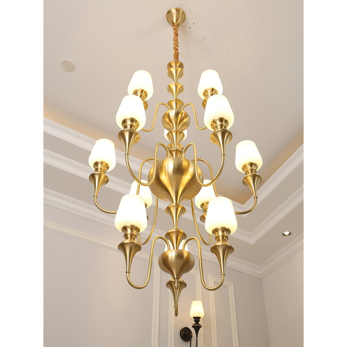 Abrahamson Shaded Tiered Chandelier – Angular Brass & White Glass Multi-Tier Chandelier