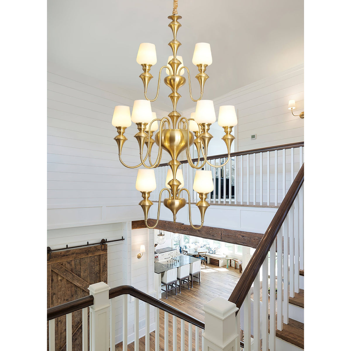 Abrahamson Shaded Tiered Chandelier – Angular Brass & White Glass Multi-Tier Chandelier