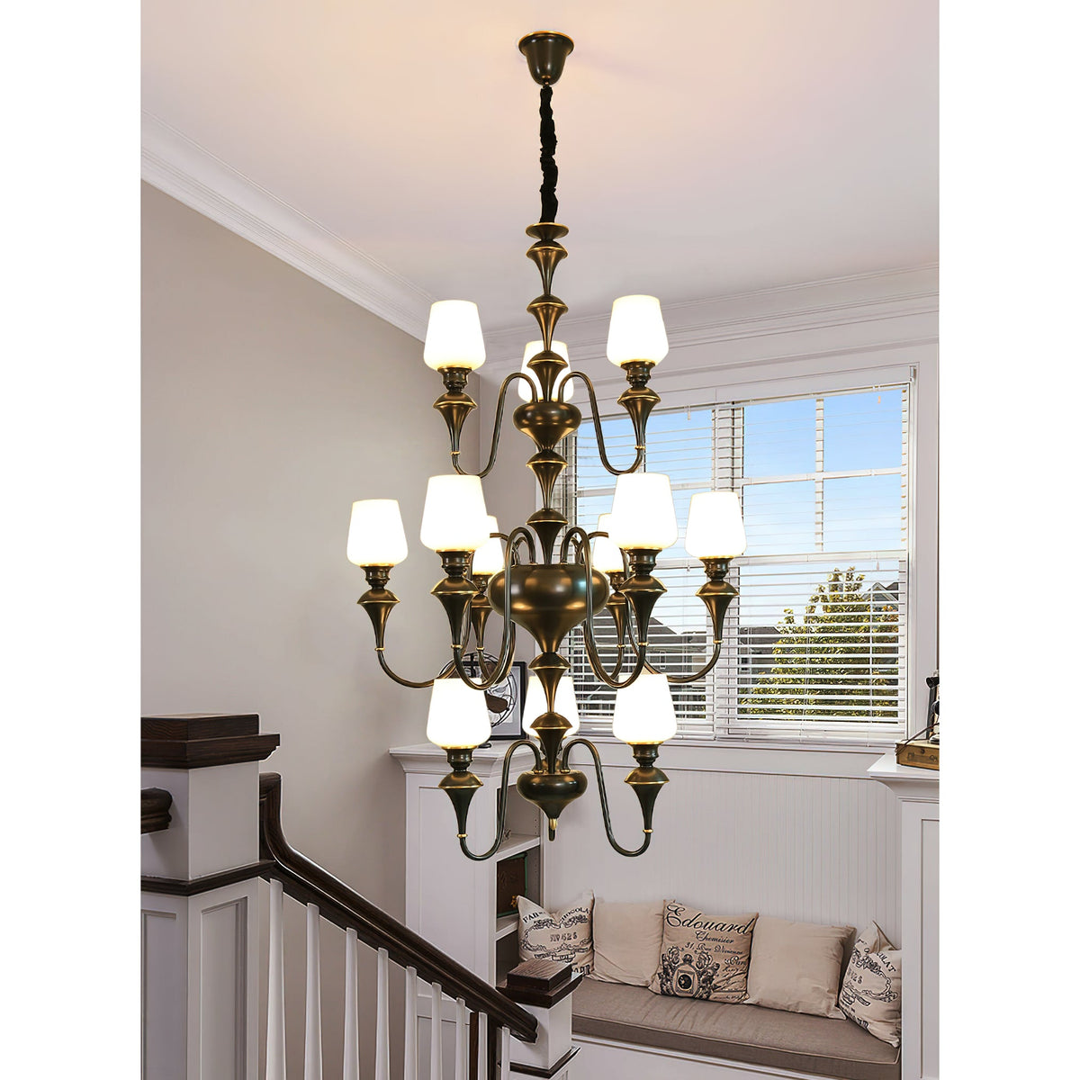 Abrahamson Shaded Tiered Chandelier – Angular Brass & White Glass Multi-Tier Chandelier
