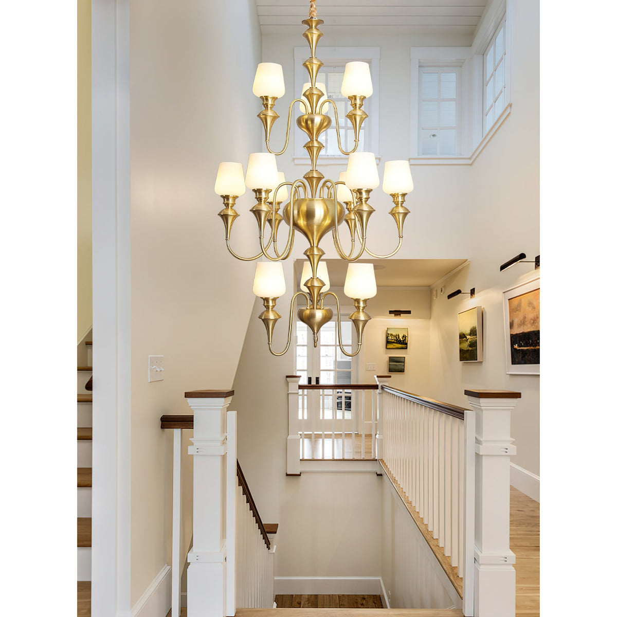 Abrahamson Shaded Tiered Chandelier – Angular Brass & White Glass Multi-Tier Chandelier