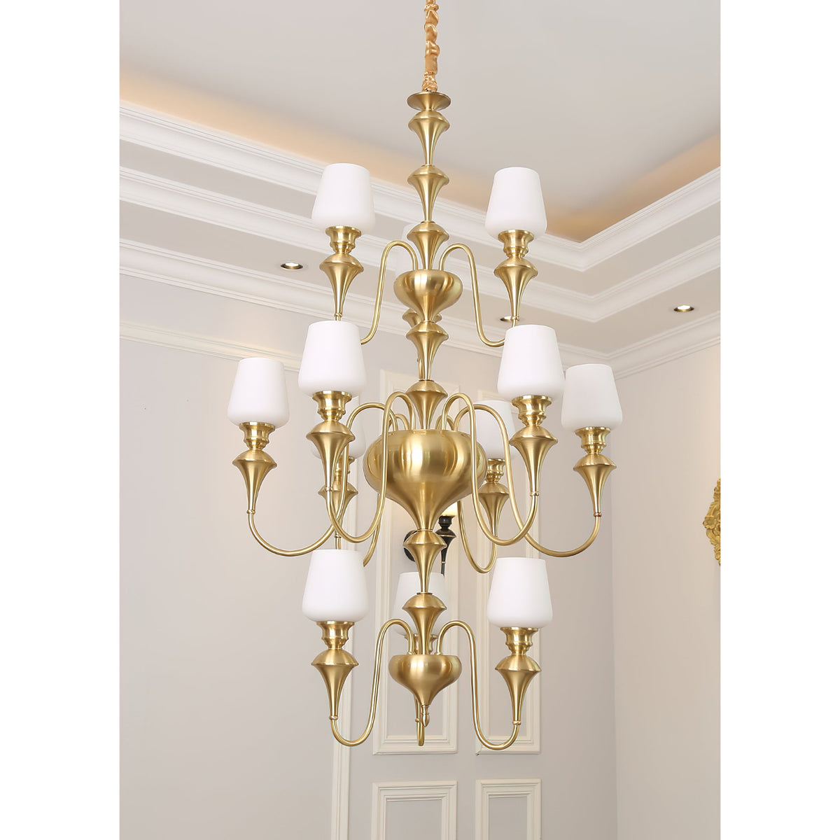 Abrahamson Shaded Tiered Chandelier – Angular Brass & White Glass Multi-Tier Chandelier