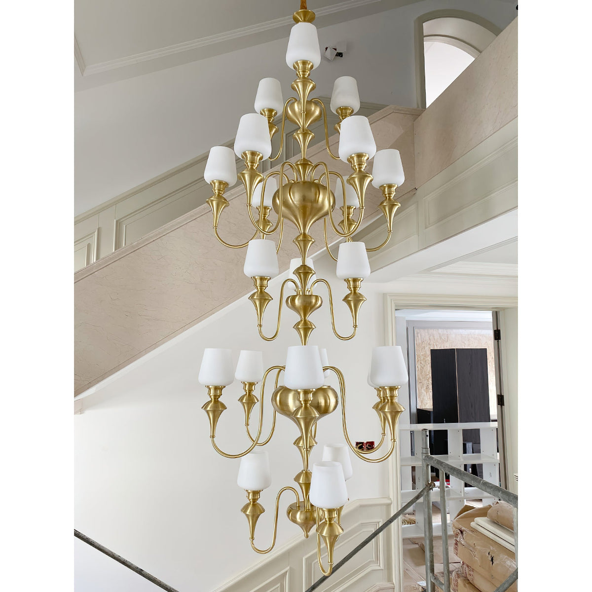 Abrahamson Shaded Tiered Chandelier – Angular Brass & White Glass Multi-Tier Chandelier