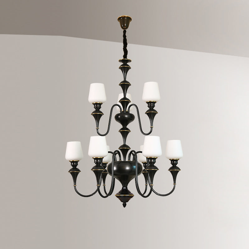 Abrahamson Shaded Tiered Chandelier – Angular Brass & White Glass Multi-Tier Chandelier