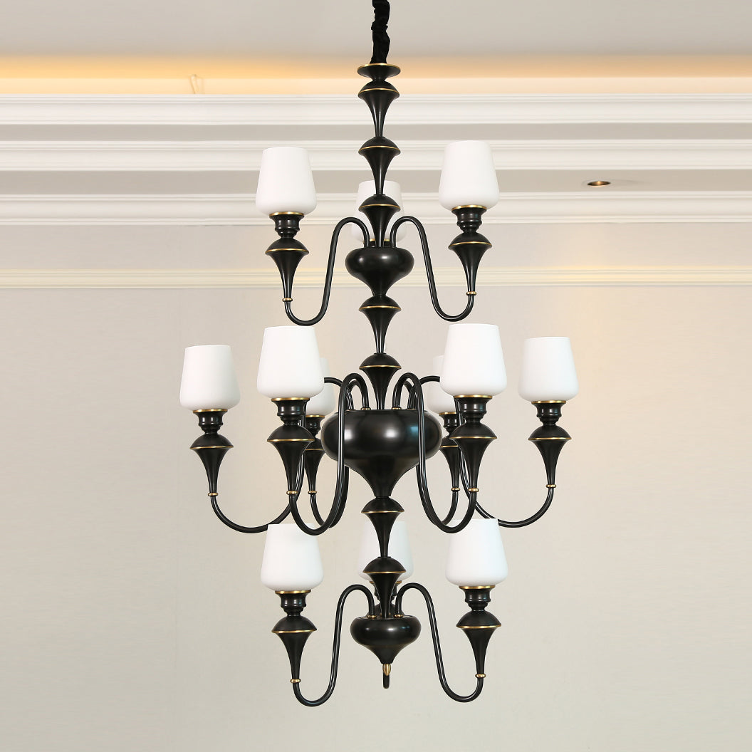 Abrahamson Shaded Tiered Chandelier – Angular Brass & White Glass Multi-Tier Chandelier