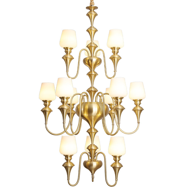 Abrahamson Shaded Tiered Chandelier – Angular Brass & White Glass Multi-Tier Chandelier