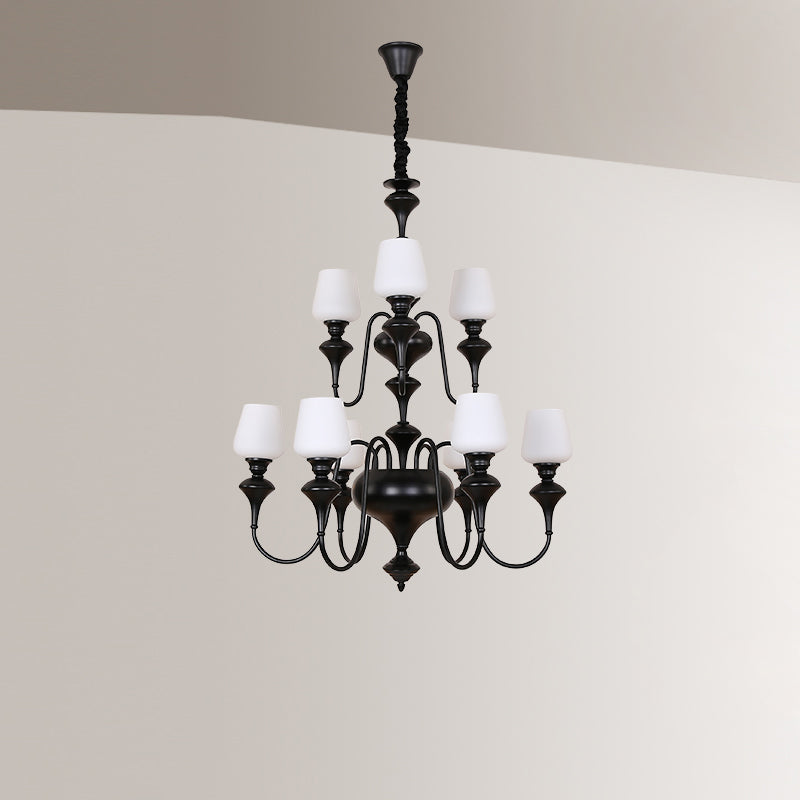 Abrahamson Shaded Tiered Chandelier – Angular Brass & White Glass Multi-Tier Chandelier