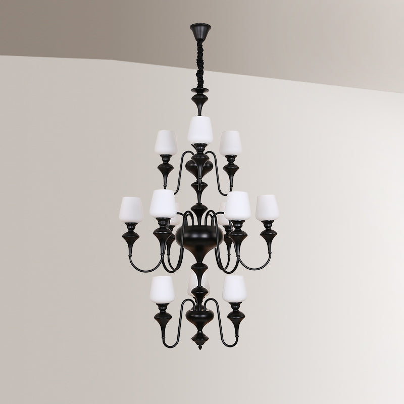 Abrahamson Shaded Tiered Chandelier – Angular Brass & White Glass Multi-Tier Chandelier