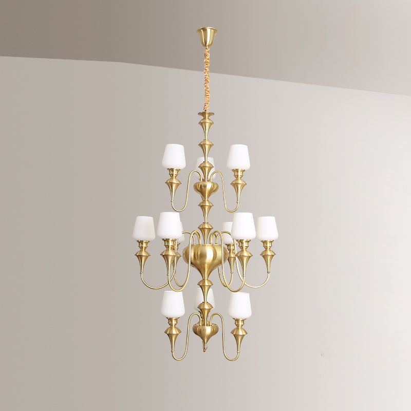 Abrahamson Shaded Tiered Chandelier – Angular Brass & White Glass Multi-Tier Chandelier