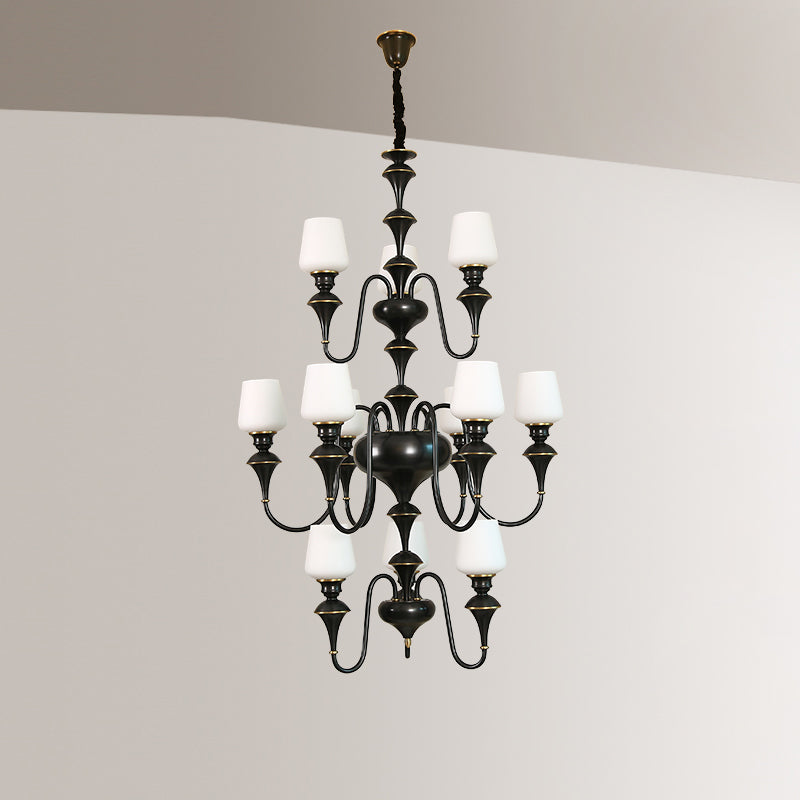 Abrahamson Shaded Tiered Chandelier – Angular Brass & White Glass Multi-Tier Chandelier