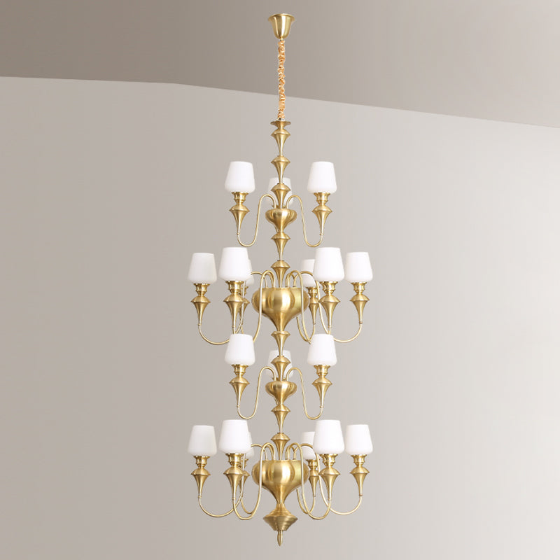 Abrahamson Shaded Tiered Chandelier – Angular Brass & White Glass Multi-Tier Chandelier