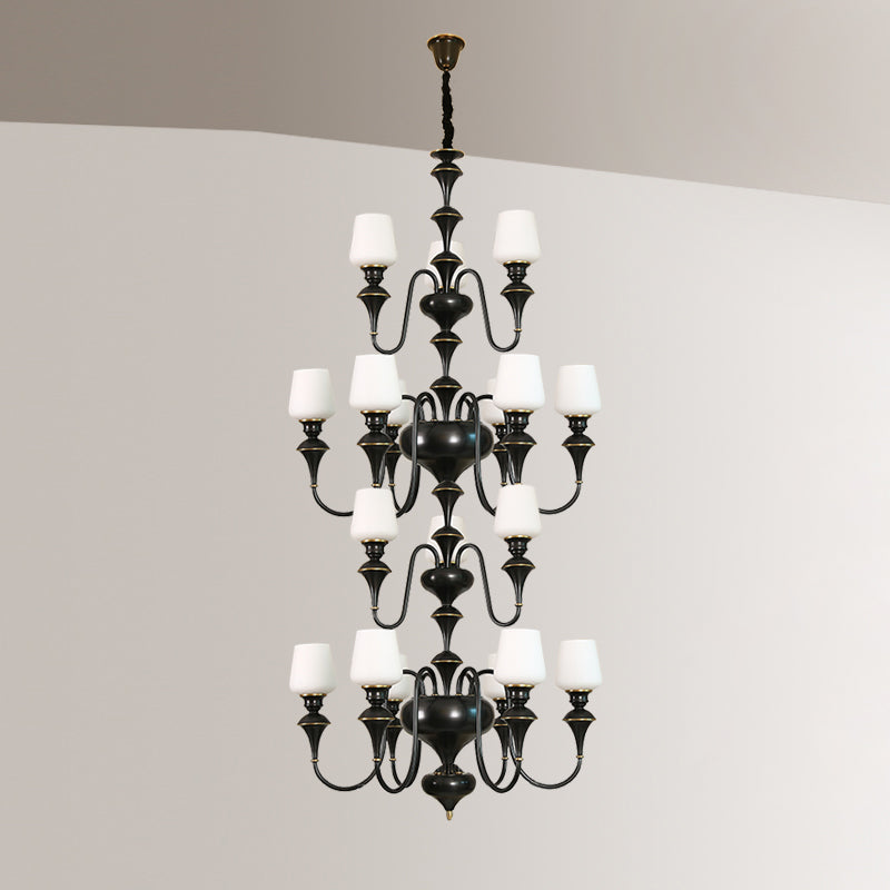 Abrahamson Shaded Tiered Chandelier – Angular Brass & White Glass Multi-Tier Chandelier