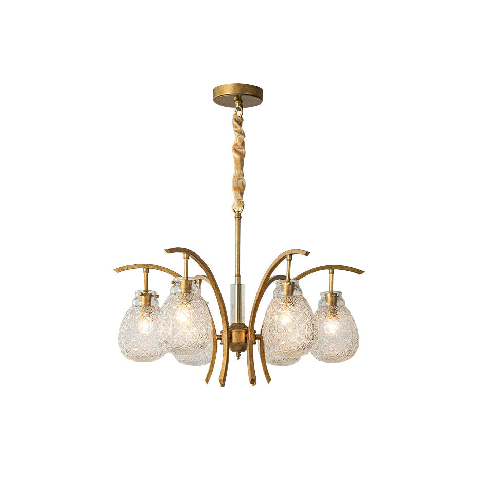 Adams Chandelier – Warm Brass & Striated Clear Glass Curved Shade Chandelier