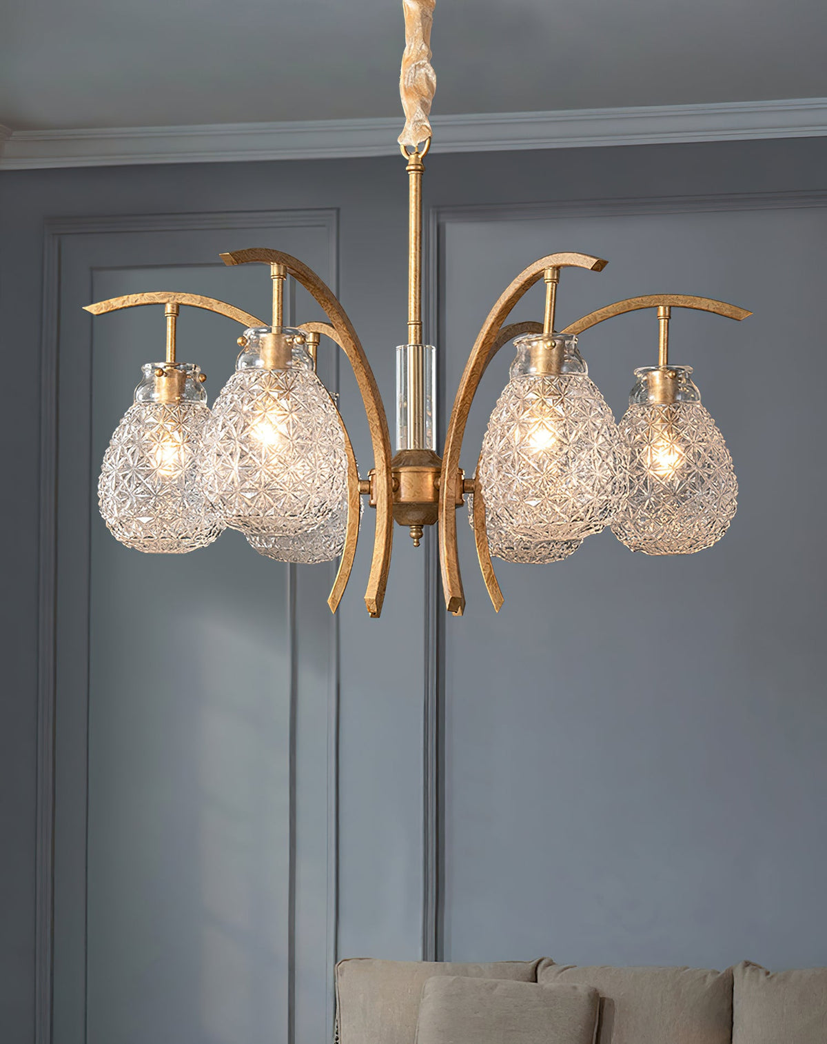 Adams Chandelier – Warm Brass & Striated Clear Glass Curved Shade Chandelier