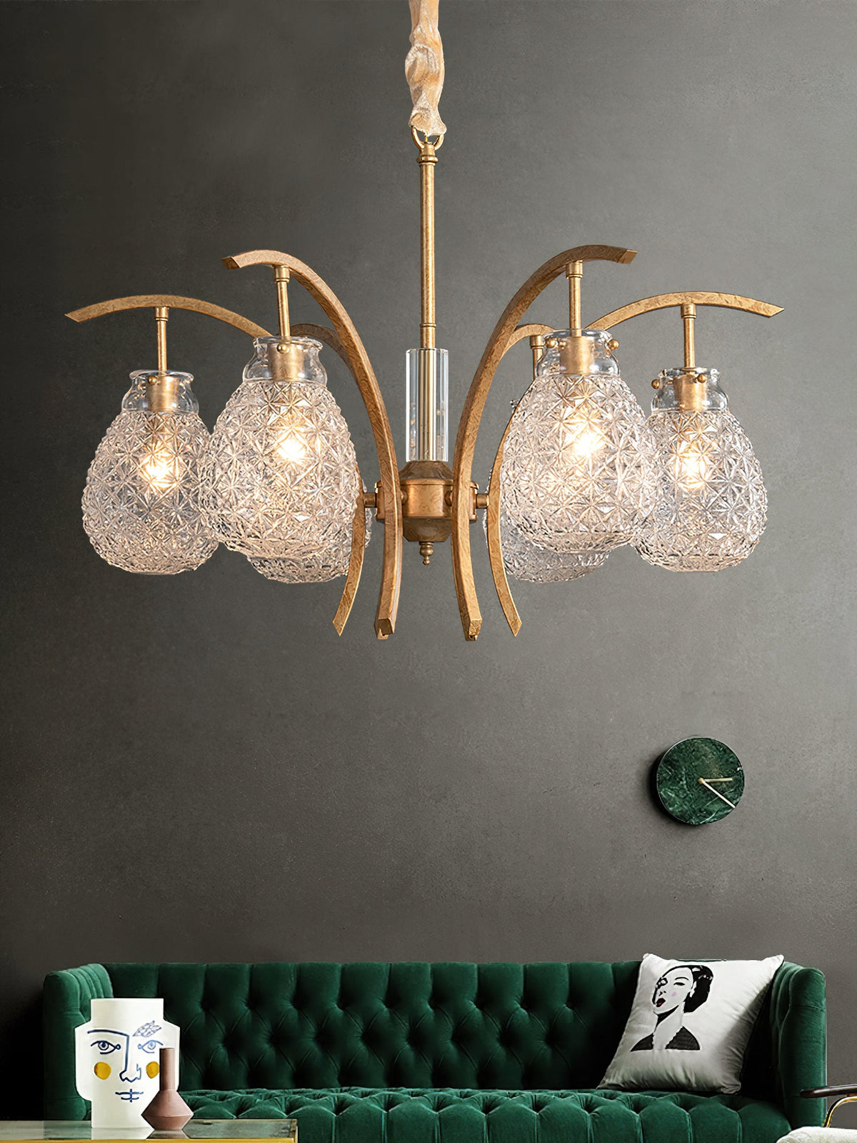 Adams Chandelier – Warm Brass & Striated Clear Glass Curved Shade Chandelier