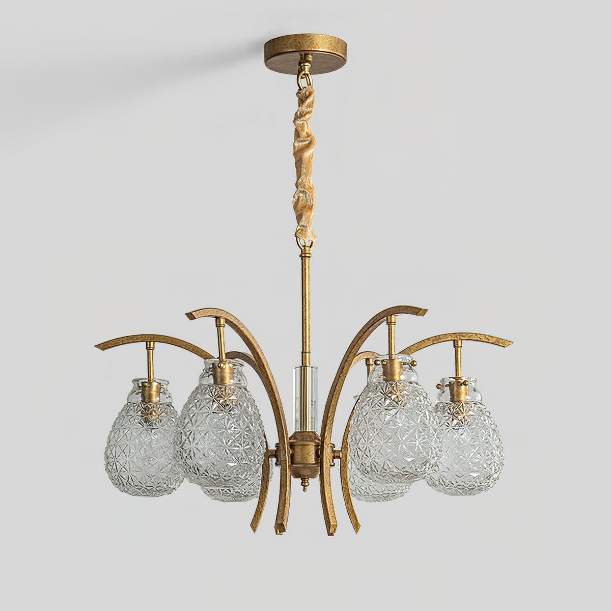 Adams Chandelier – Warm Brass & Striated Clear Glass Curved Shade Chandelier