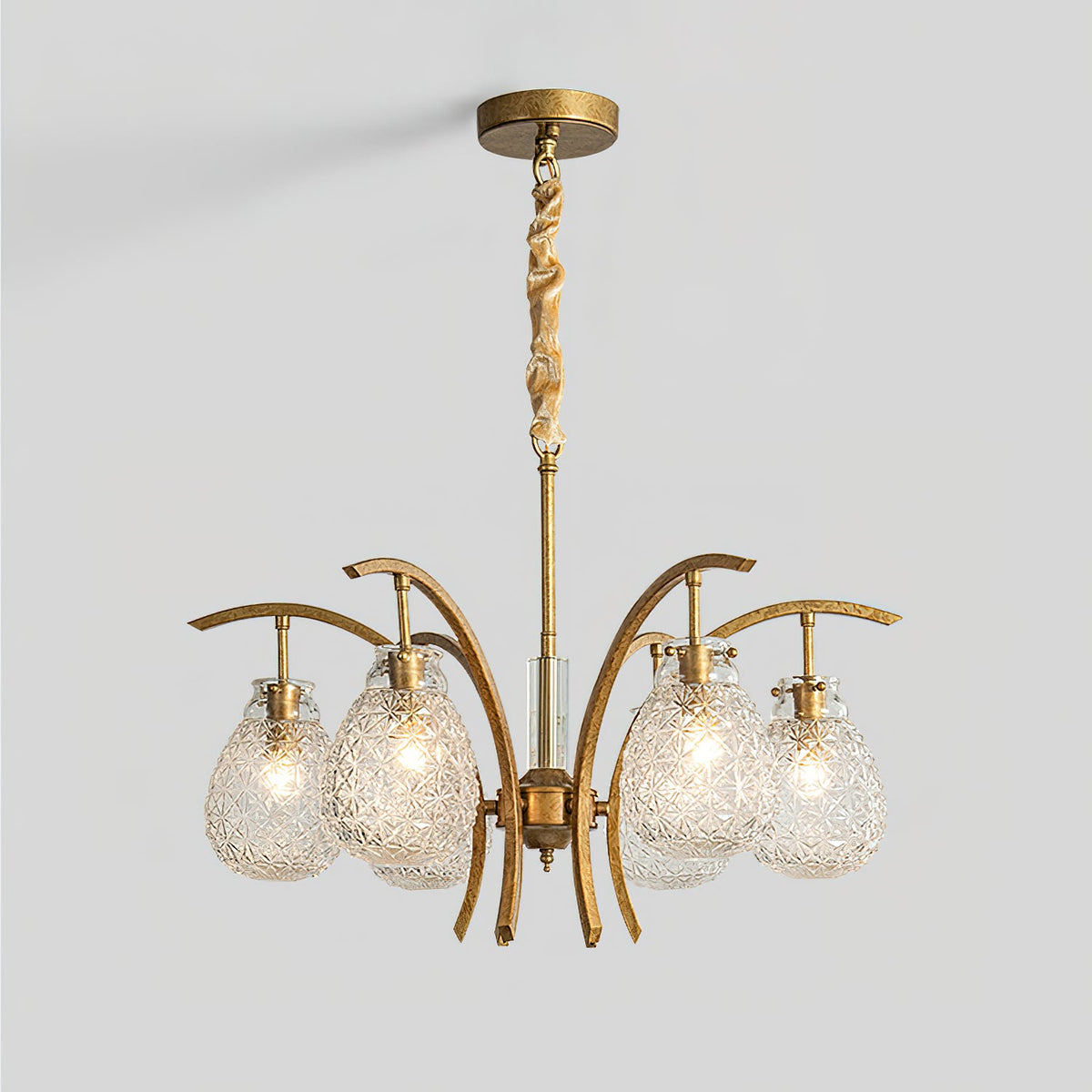 Adams Chandelier – Warm Brass & Striated Clear Glass Curved Shade Chandelier