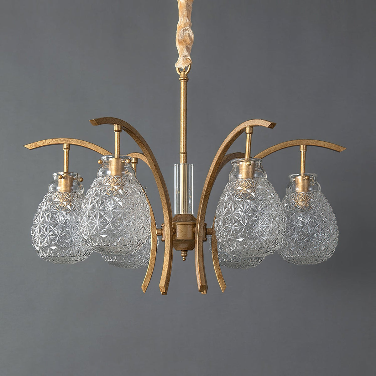 Adams Chandelier – Warm Brass & Striated Clear Glass Curved Shade Chandelier