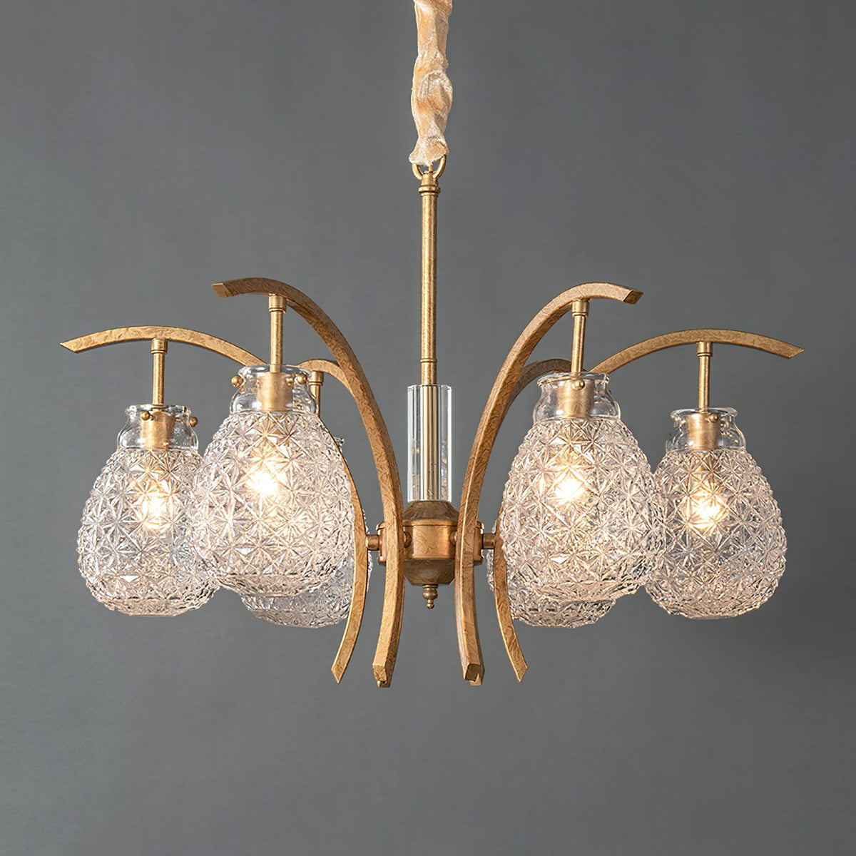 Adams Chandelier – Warm Brass & Striated Clear Glass Curved Shade Chandelier