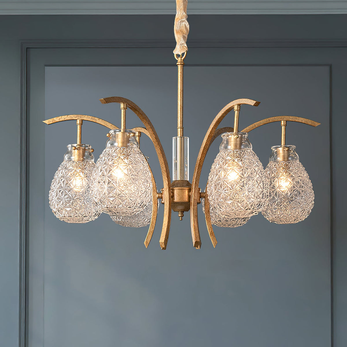 Adams Chandelier – Warm Brass & Striated Clear Glass Curved Shade Chandelier