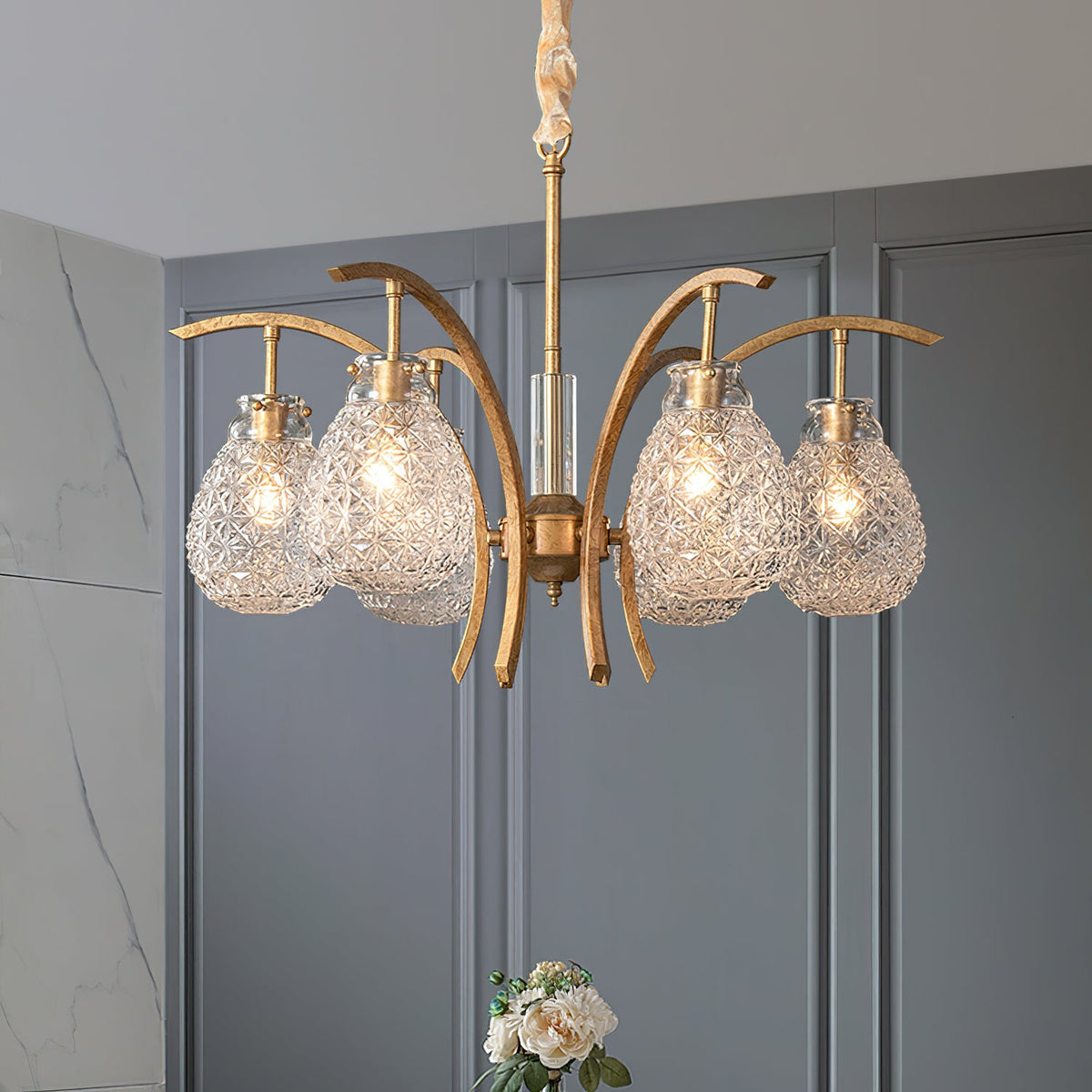 Adams Chandelier – Warm Brass & Striated Clear Glass Curved Shade Chandelier