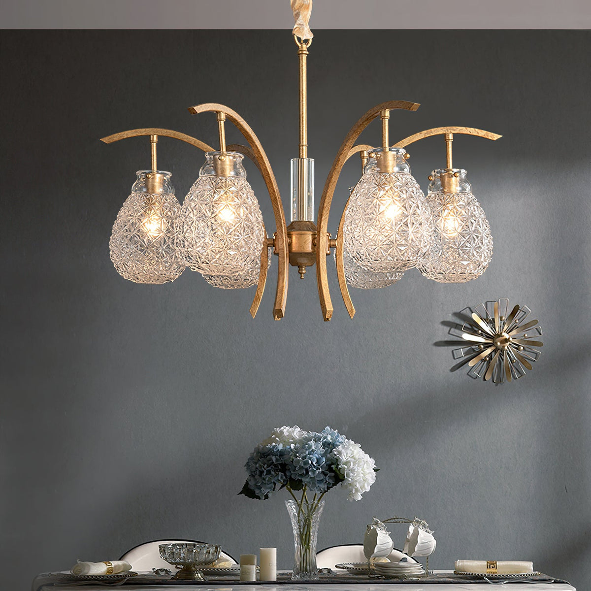 Adams Chandelier – Warm Brass & Striated Clear Glass Curved Shade Chandelier