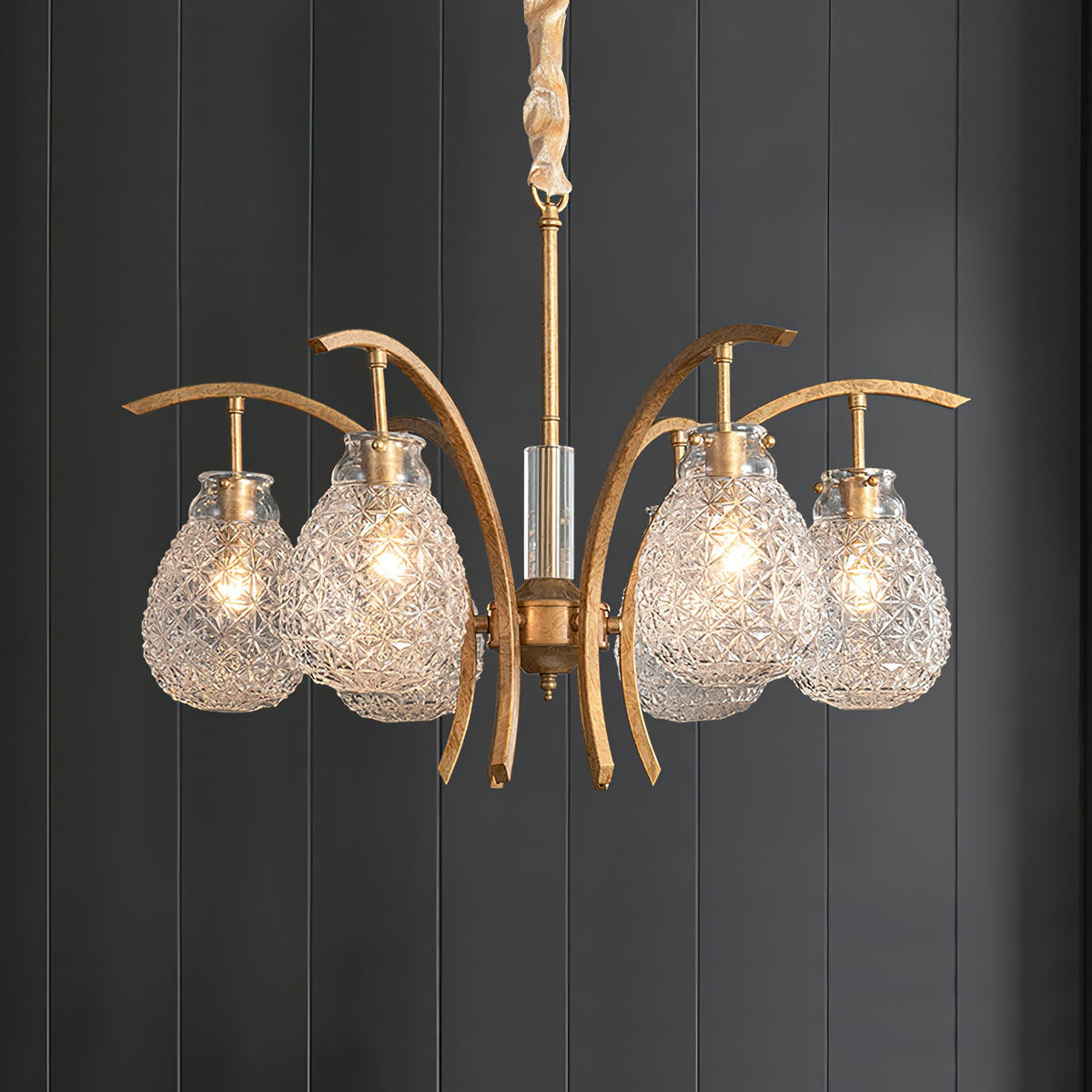 Adams Chandelier – Warm Brass & Striated Clear Glass Curved Shade Chandelier