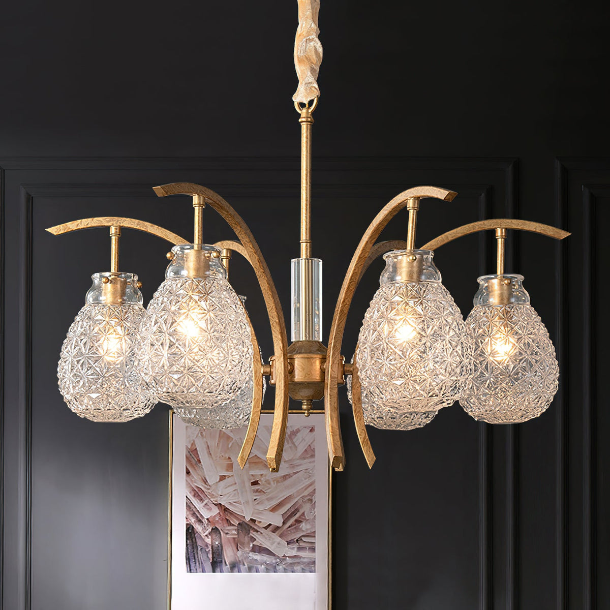 Adams Chandelier – Warm Brass & Striated Clear Glass Curved Shade Chandelier