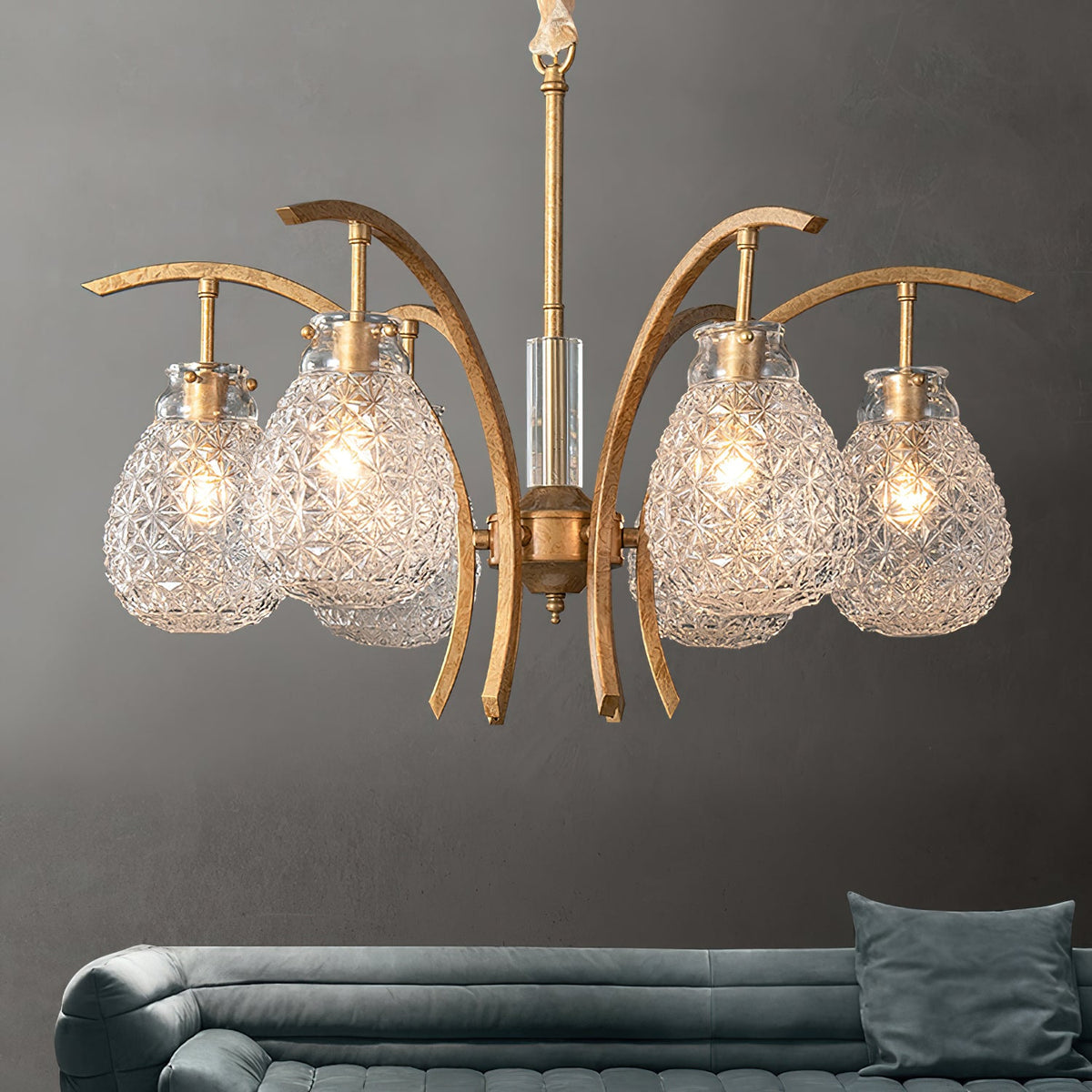 Adams Chandelier – Warm Brass & Striated Clear Glass Curved Shade Chandelier