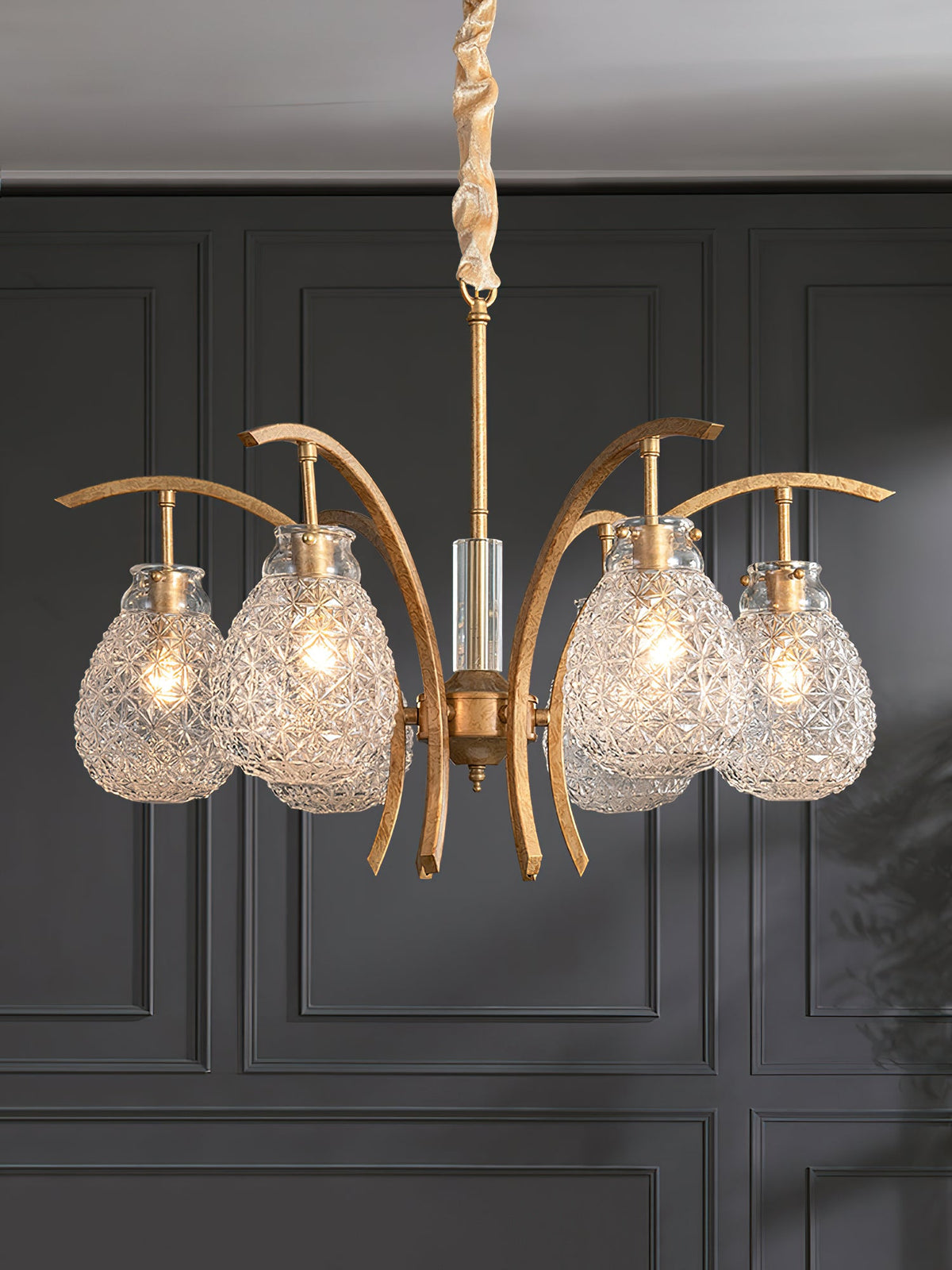 Adams Chandelier – Warm Brass & Striated Clear Glass Curved Shade Chandelier