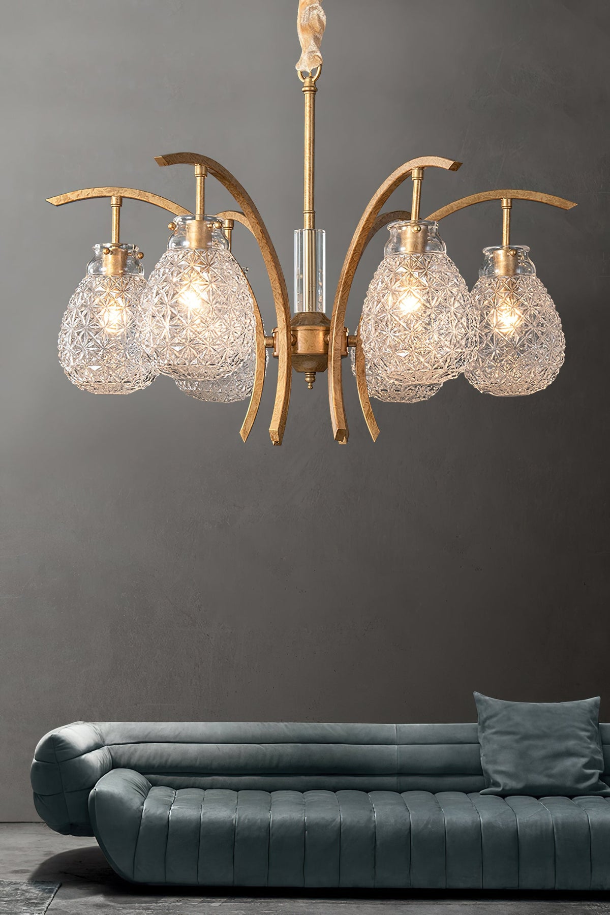 Adams Chandelier – Warm Brass & Striated Clear Glass Curved Shade Chandelier
