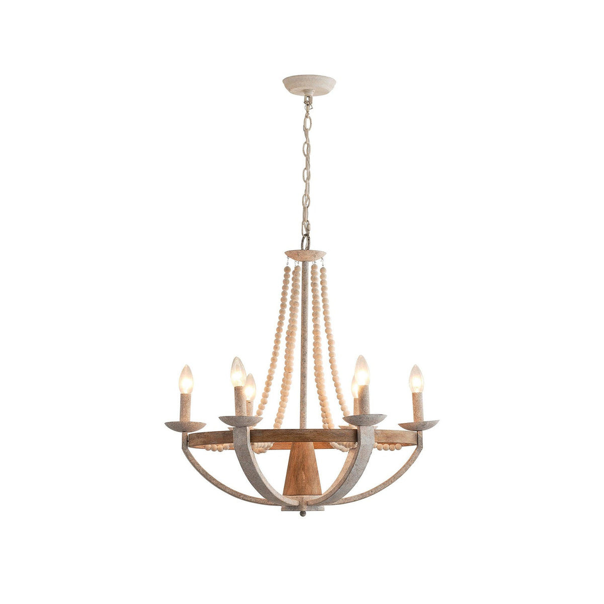 Adan Chandelier – Coastal Boho Beaded & Distressed Wood 6-Light Chandelier