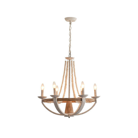 Adan Chandelier – Coastal Boho Beaded & Distressed Wood 6-Light Chandelier