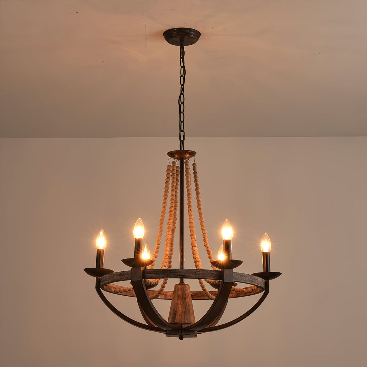 Adan Chandelier – Coastal Boho Beaded & Distressed Wood 6-Light Chandelier