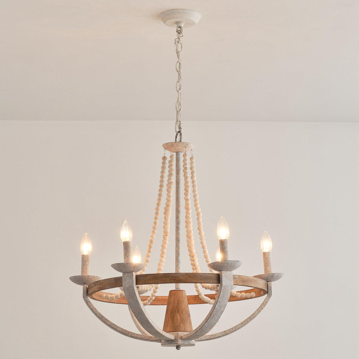 Adan Chandelier – Coastal Boho Beaded & Distressed Wood 6-Light Chandelier