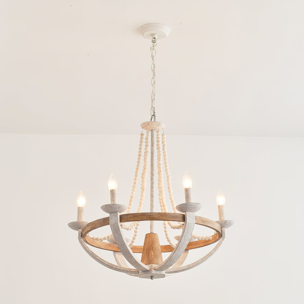 Adan Chandelier – Coastal Boho Beaded & Distressed Wood 6-Light Chandelier