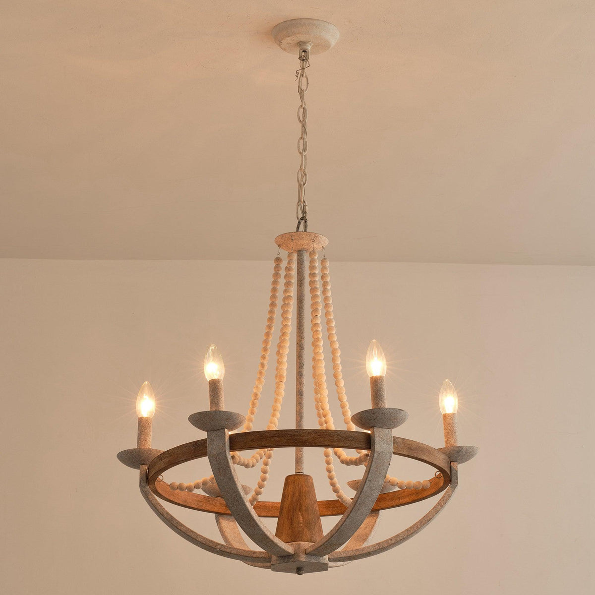 Adan Chandelier – Coastal Boho Beaded & Distressed Wood 6-Light Chandelier
