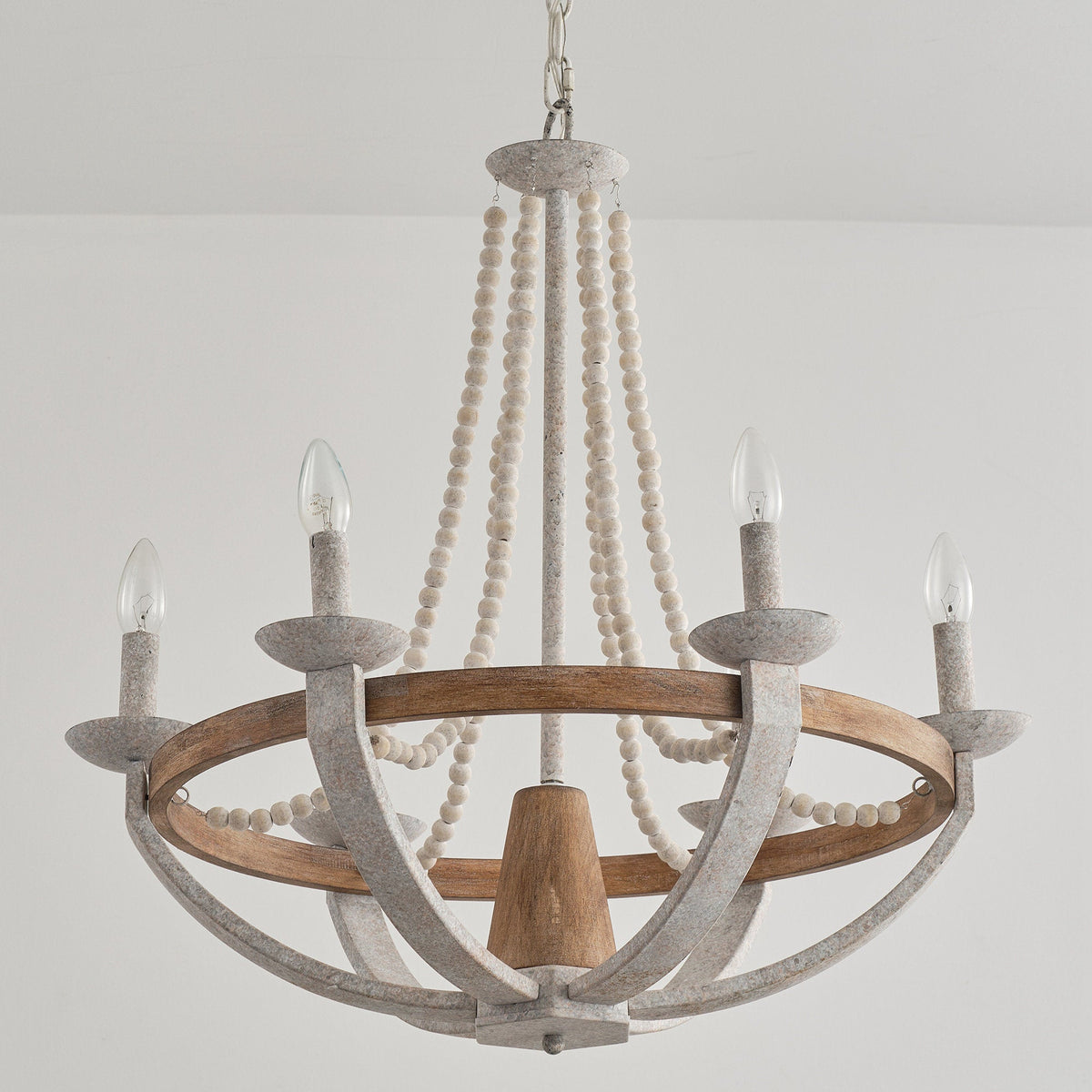 Adan Chandelier – Coastal Boho Beaded & Distressed Wood 6-Light Chandelier