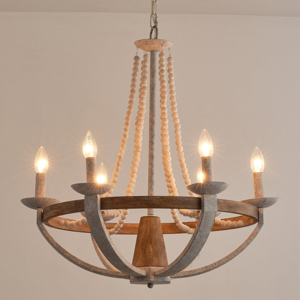 Adan Chandelier – Coastal Boho Beaded & Distressed Wood 6-Light Chandelier