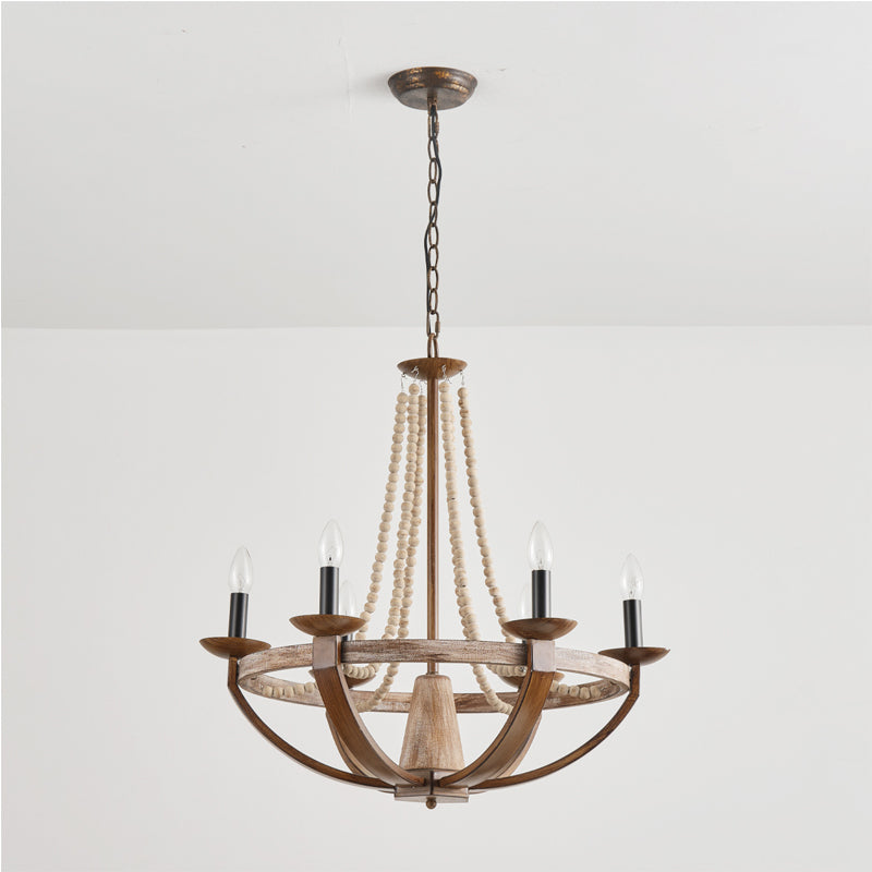 Adan Chandelier – Coastal Boho Beaded & Distressed Wood 6-Light Chandelier