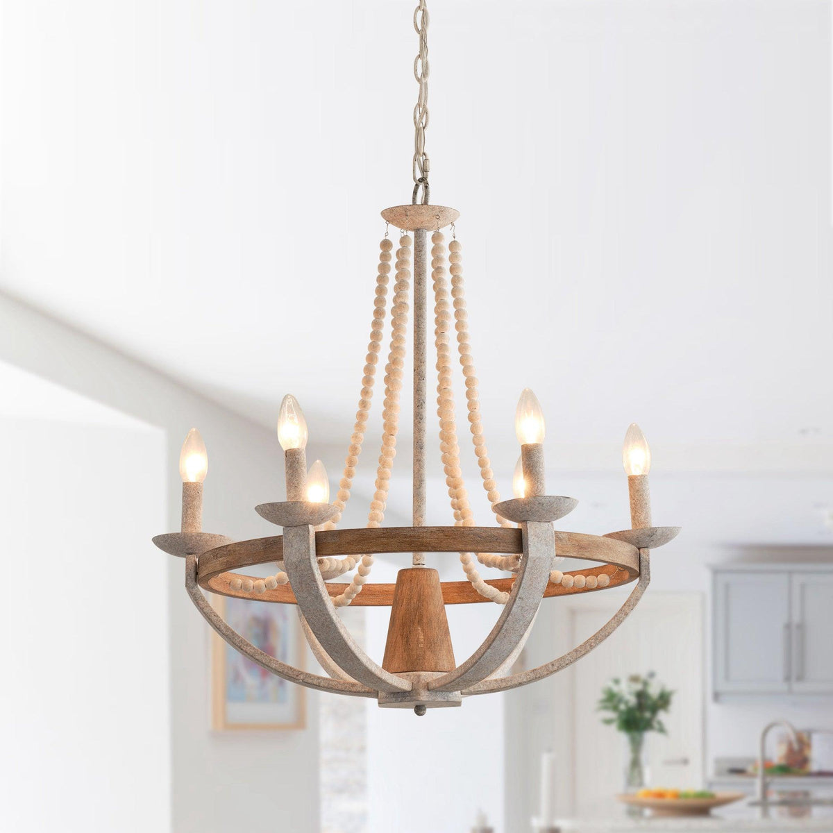 Adan Chandelier – Coastal Boho Beaded & Distressed Wood 6-Light Chandelier