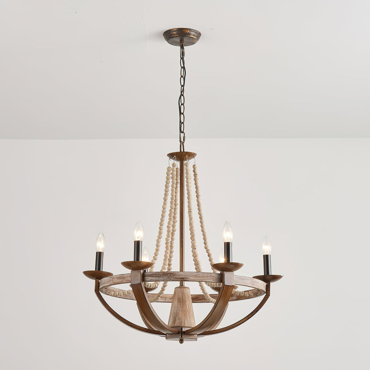 Adan Chandelier – Coastal Boho Beaded & Distressed Wood 6-Light Chandelier