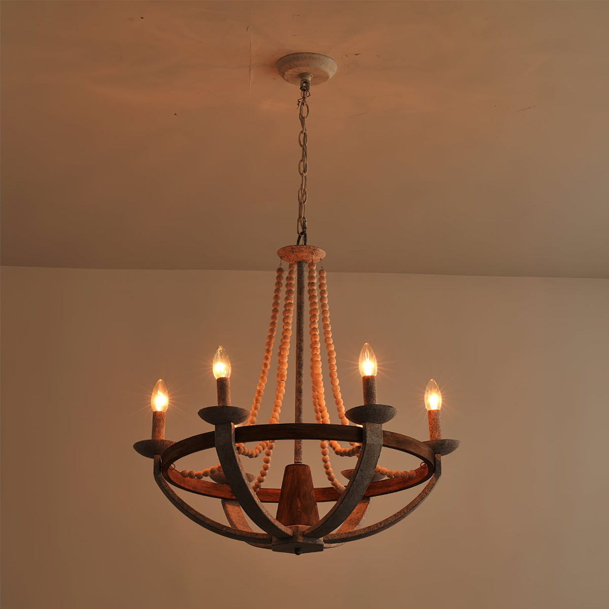 Adan Chandelier – Coastal Boho Beaded & Distressed Wood 6-Light Chandelier