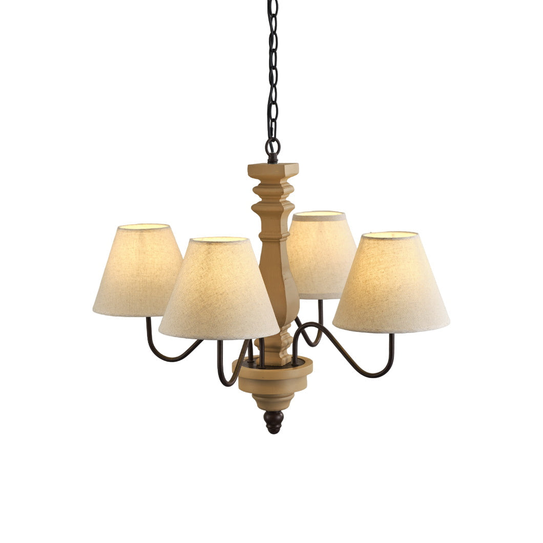 Adela Wood Chandelier – Hammered Black Metal, Natural Wood & Linen Shade Chandelier
