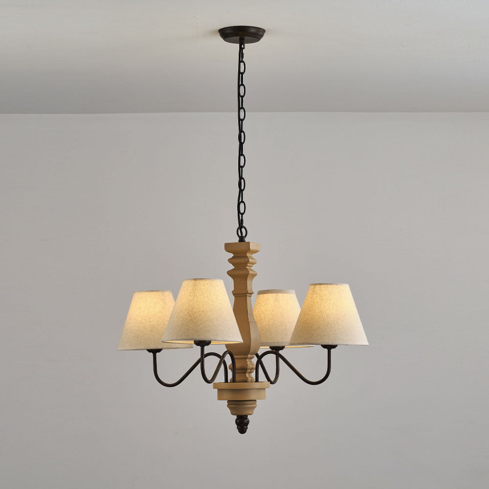 Adela Wood Chandelier – Hammered Black Metal, Natural Wood & Linen Shade Chandelier