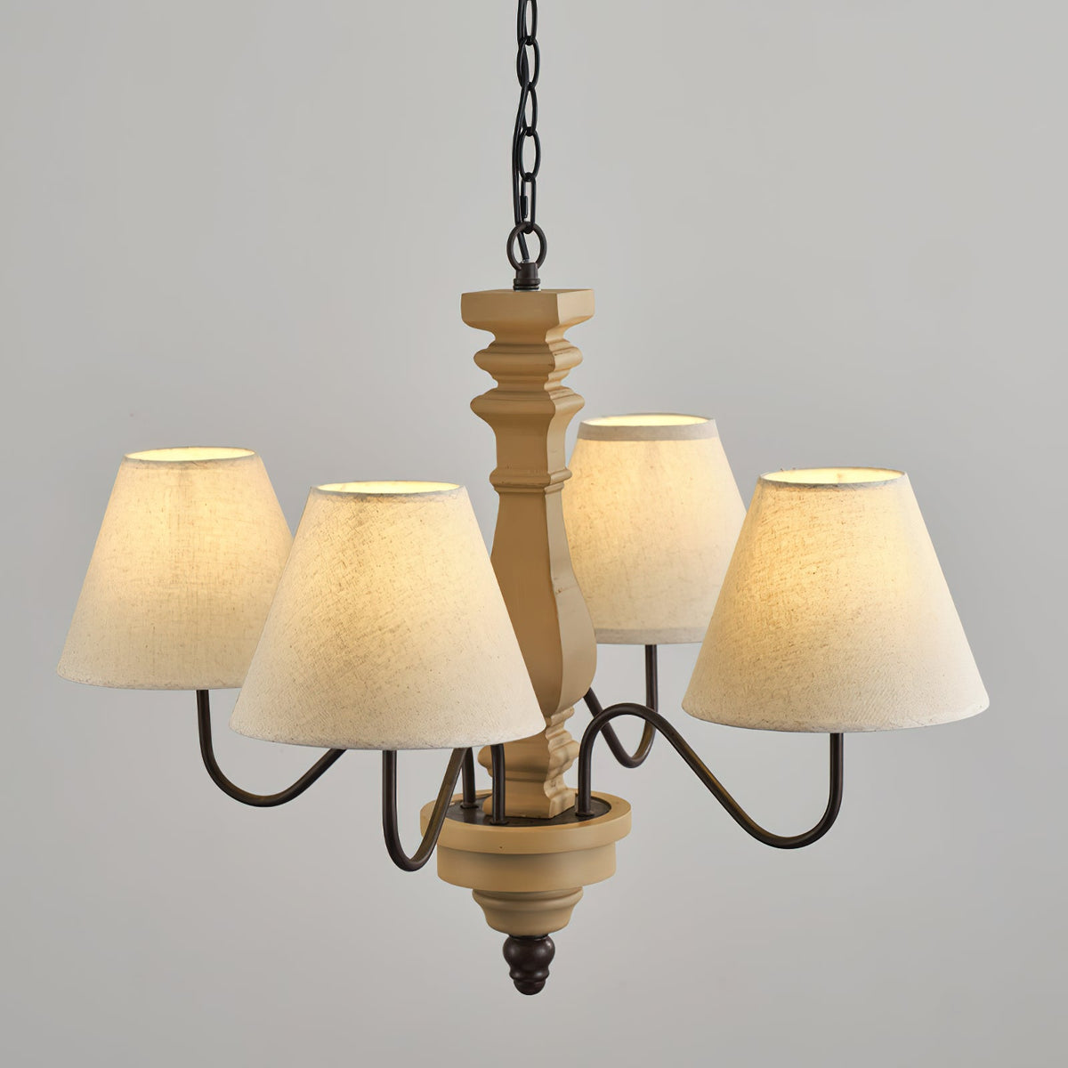 Adela Wood Chandelier – Hammered Black Metal, Natural Wood & Linen Shade Chandelier