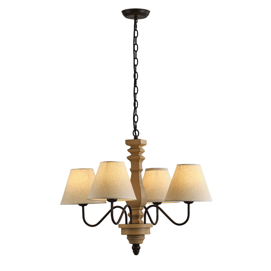 Adela Wood Chandelier – Hammered Black Metal, Natural Wood & Linen Shade Chandelier